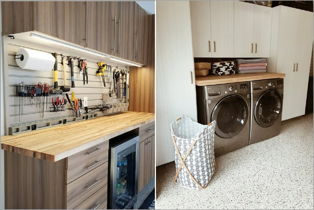 Custom garage flooring with cabinets