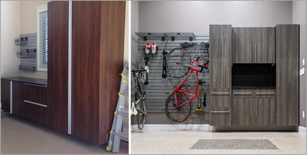 Garage with cabinets and wall storage