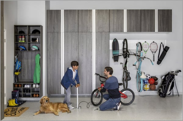 Mudroom with garage storage and cabinets